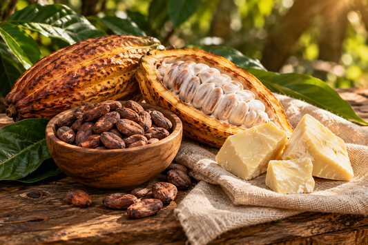 Sfeerbeeld van een geopende cacaovrucht met verse cacaobonen, gedroogde bonen en stukken cacaoboter